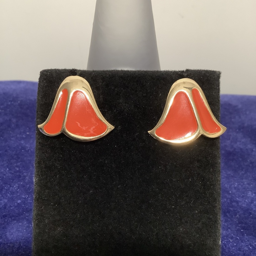 Vintage 1980s Monet Orange Enamel Gold Tone Wing Stud Earrings